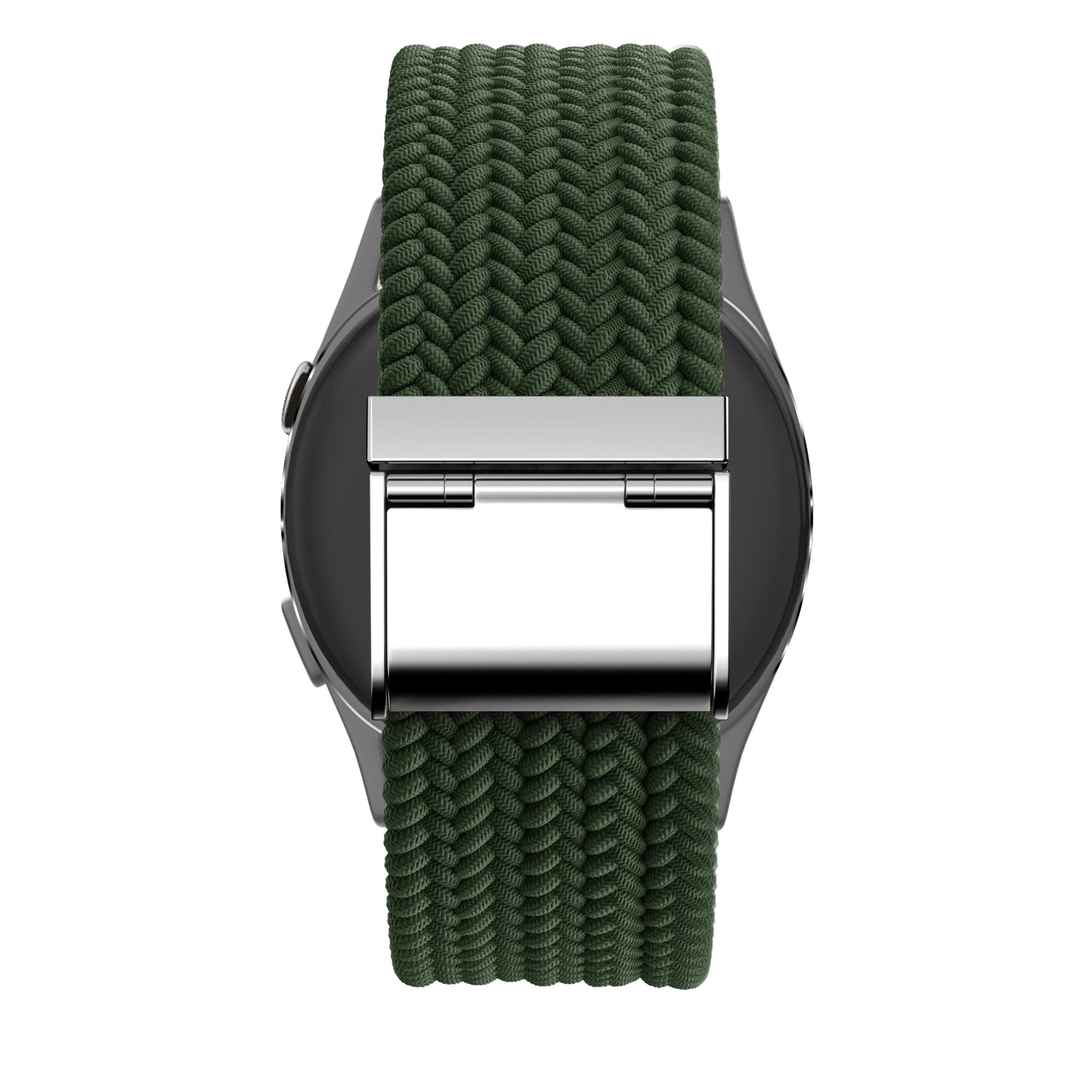 Woven Nylon Strap, olive green, on a watch, direct rear view