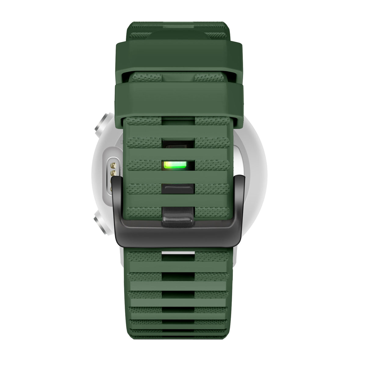 Buckled Silicone Strap, dark green, on a watch, direct rear view