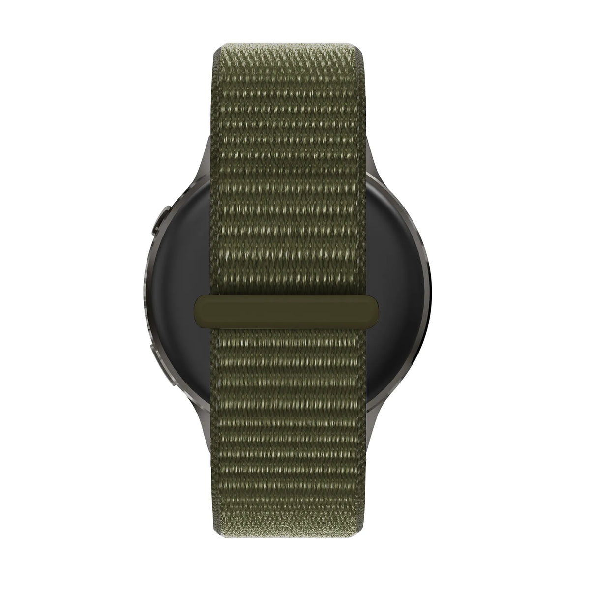 Nylon Loop Strap, olive, on a watch, direct rear view