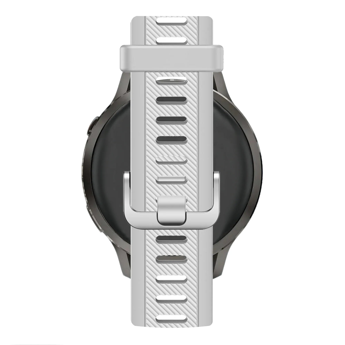 Silicone Dual Buckled Sport Strap, grey, on a watch, direct rear view