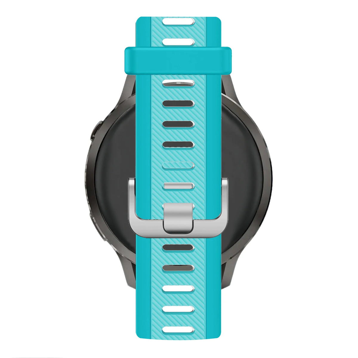 Silicone Dual Buckled Sport Strap, aqua, on a watch, direct rear view