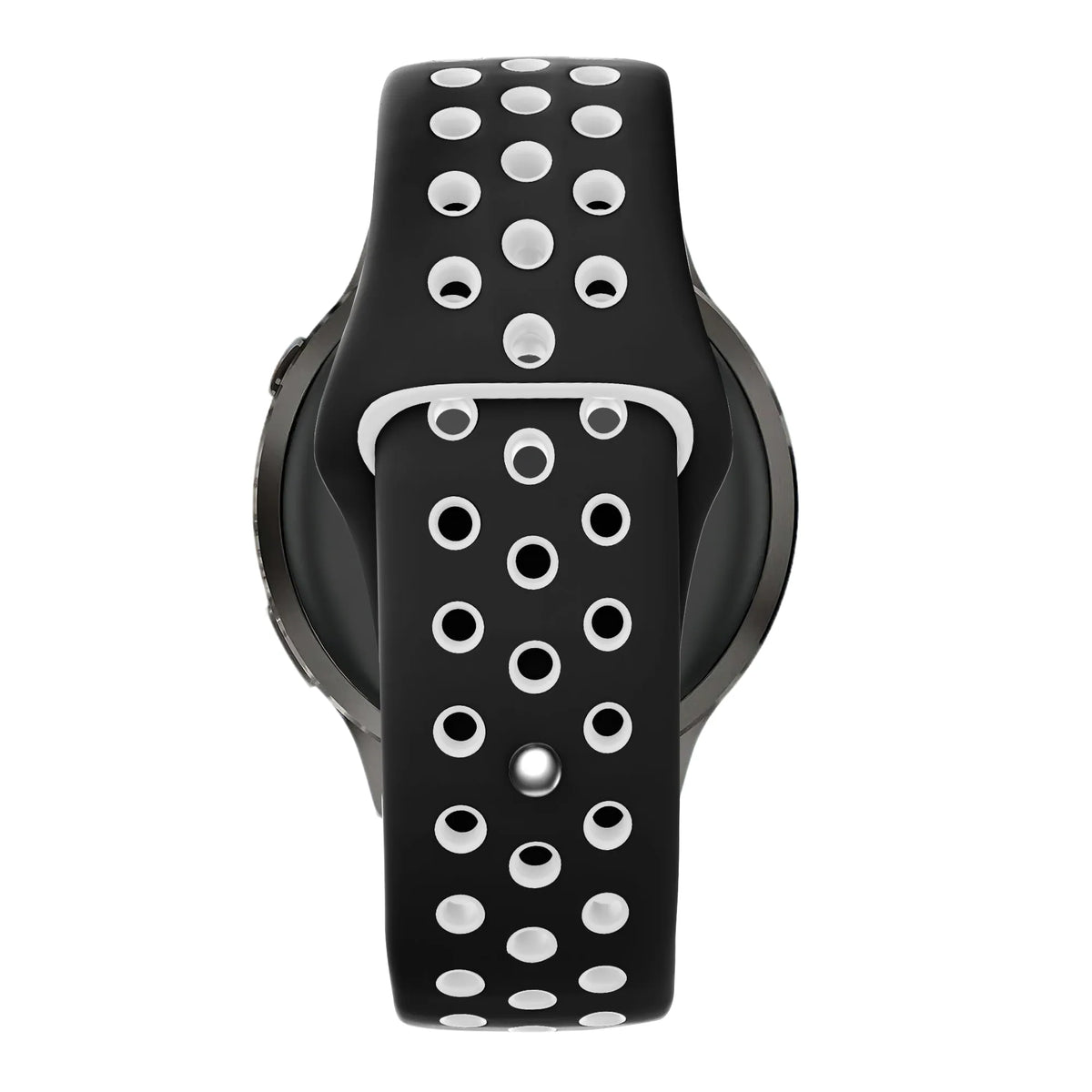 Silicone Sport Strap 'Deluxe', black/white, on a watch, direct rear view