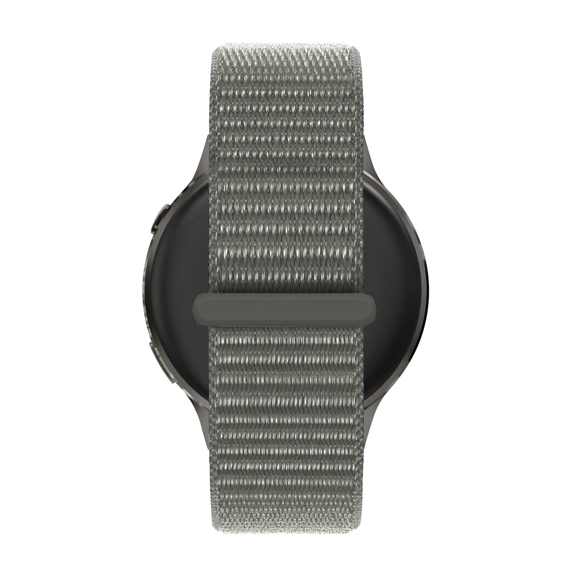 Nylon Loop Strap, grey-green, on a watch, direct rear view