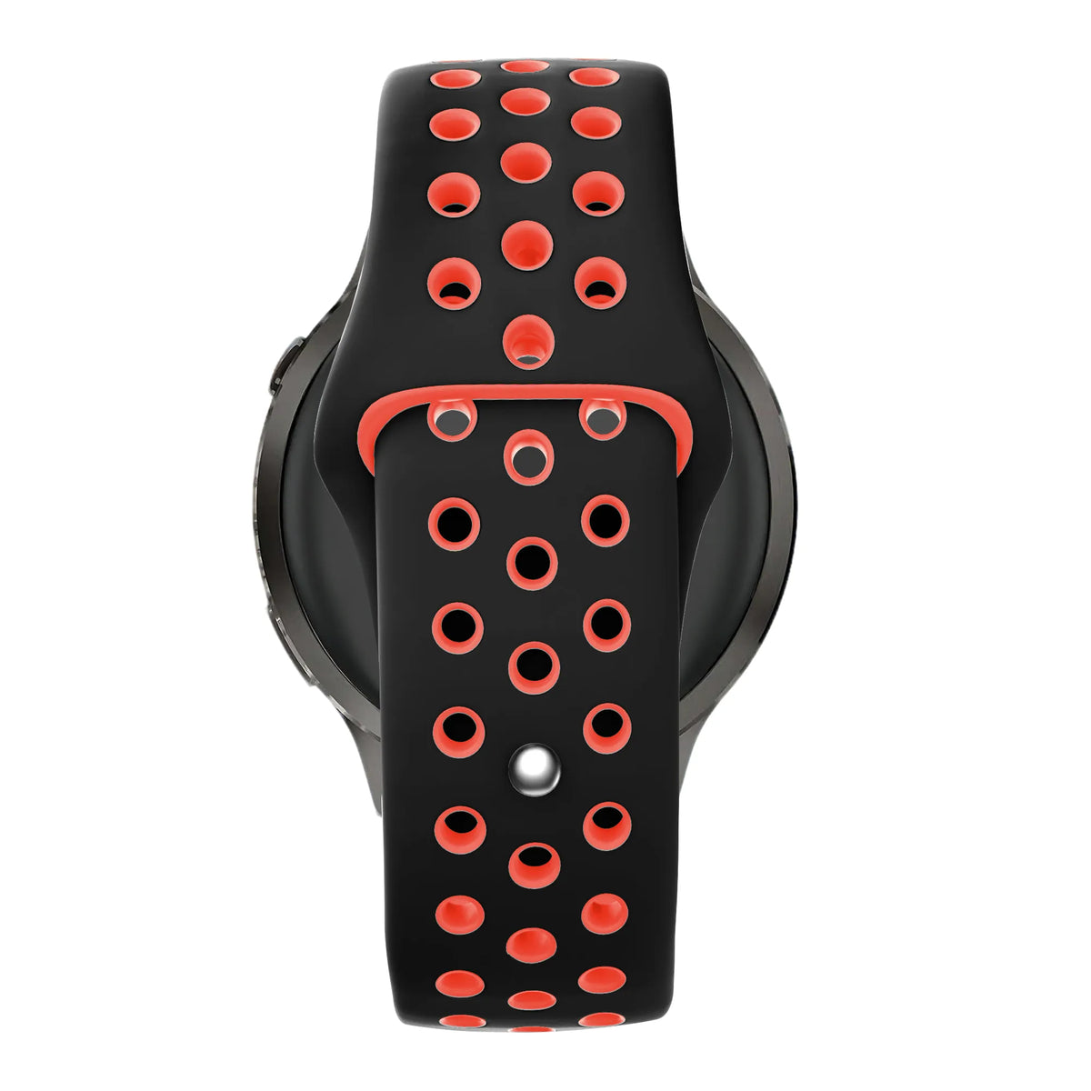 Silicone Sport Strap 'Deluxe', black/red, on a watch, direct rear view