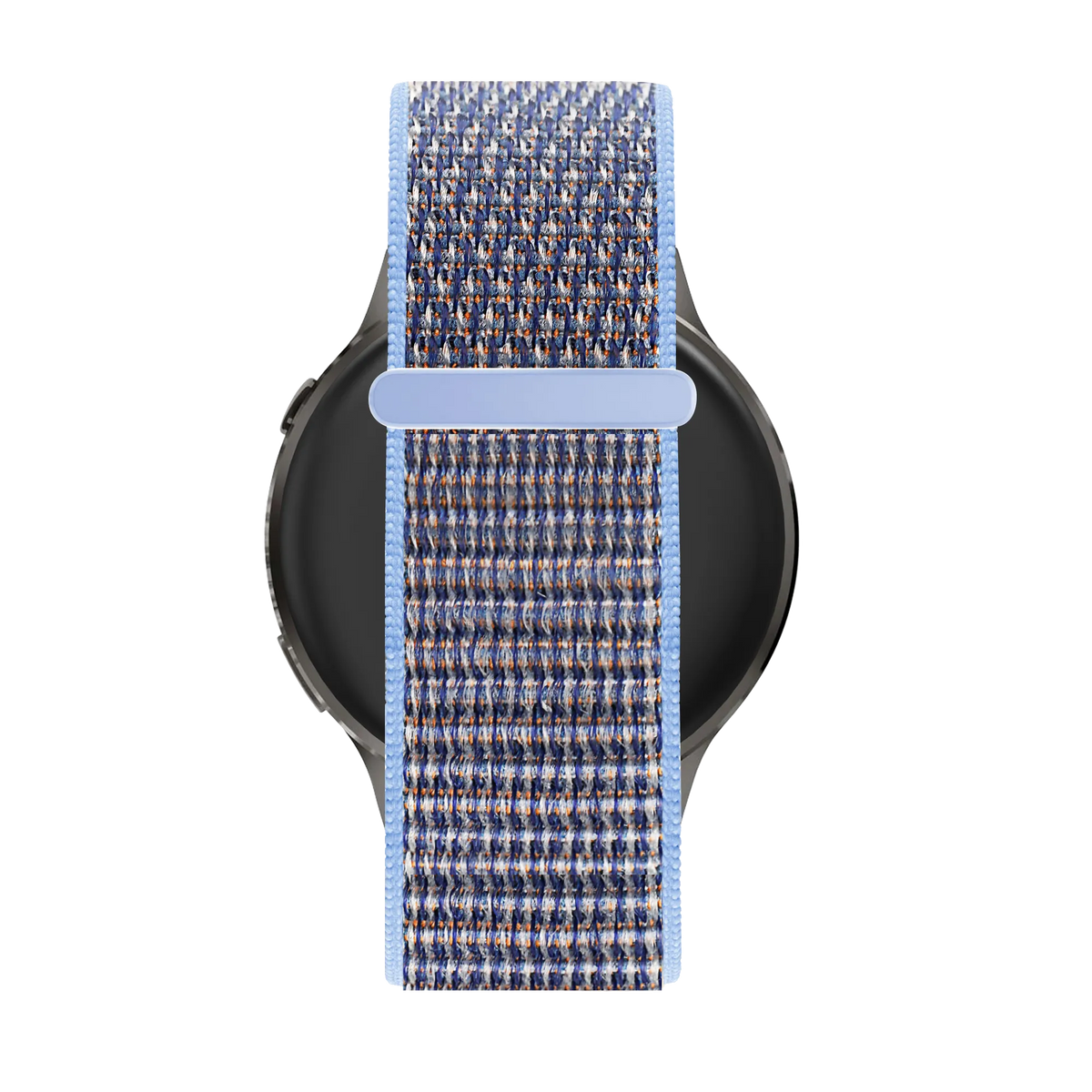 Nylon Loop Strap, azure blue, on a watch, direct rear view