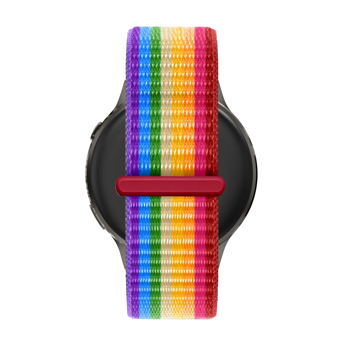 Nylon Loop Strap, rainbow, on a watch, direct rear view
