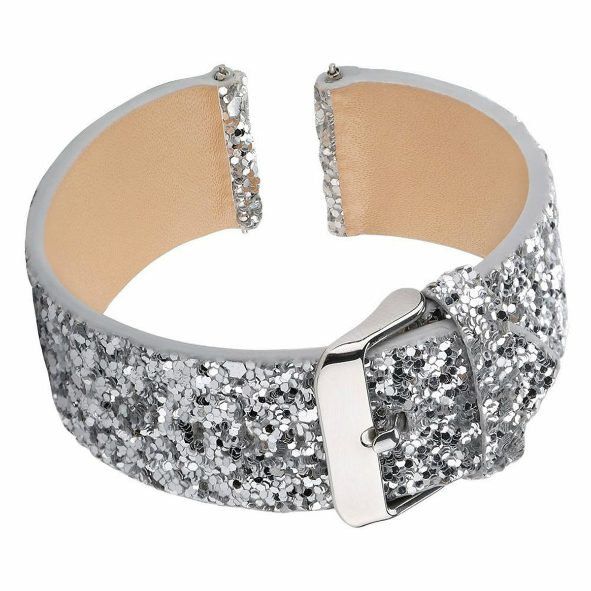 Leather Strap with Glitters, silver, without a watch, 3/4 front view