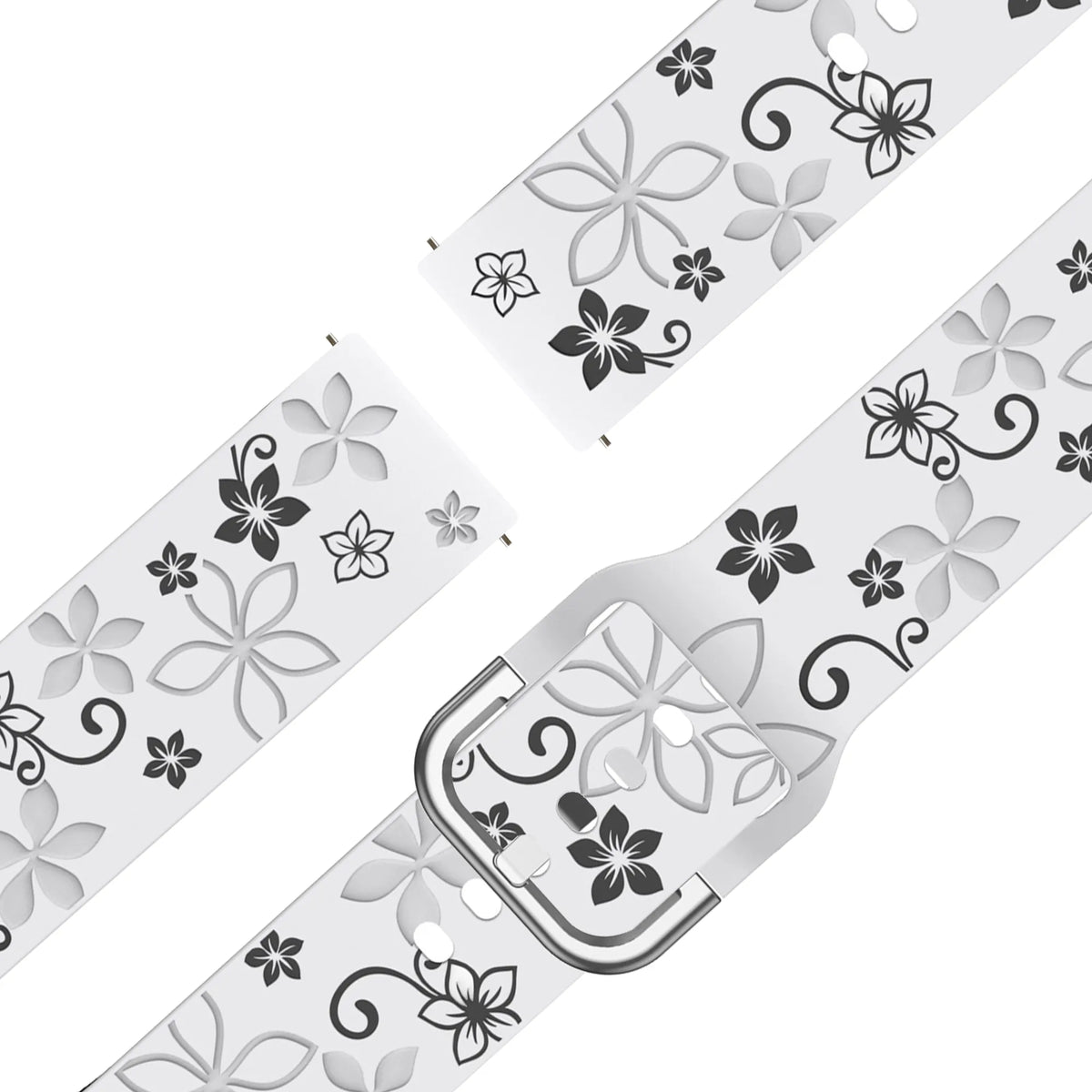 Silicone Strap 'Flowers', white/black, laid flat, separate parts, direct top view