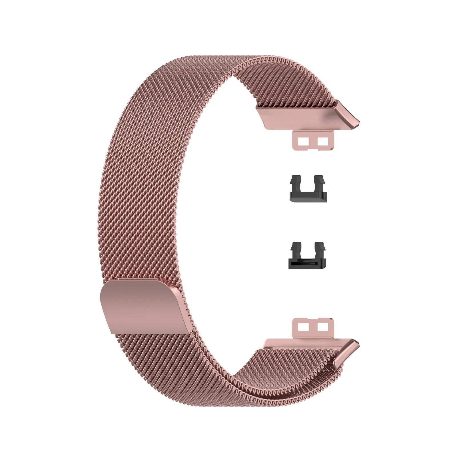 Milanese Strap, pink, laid flat, separate parts, direct top view