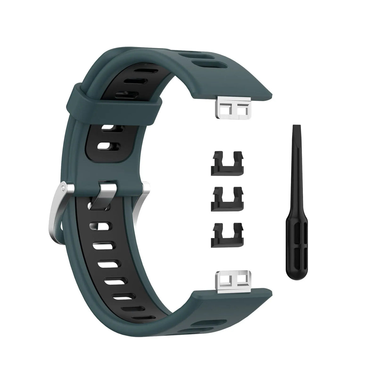 Silicone Sport Buckle Strap, green/black, laid flat, separate parts, direct top view