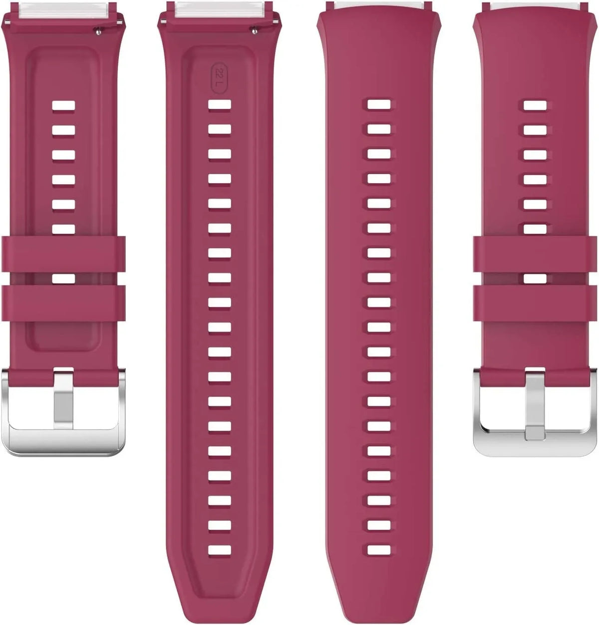 Silicone Strap, burgundy, laid flat, separate parts, direct top view