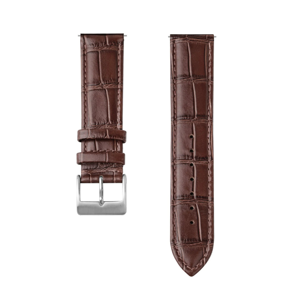 Leather Strap Crocodile Grain, brown, laid flat, separate parts, direct top view
