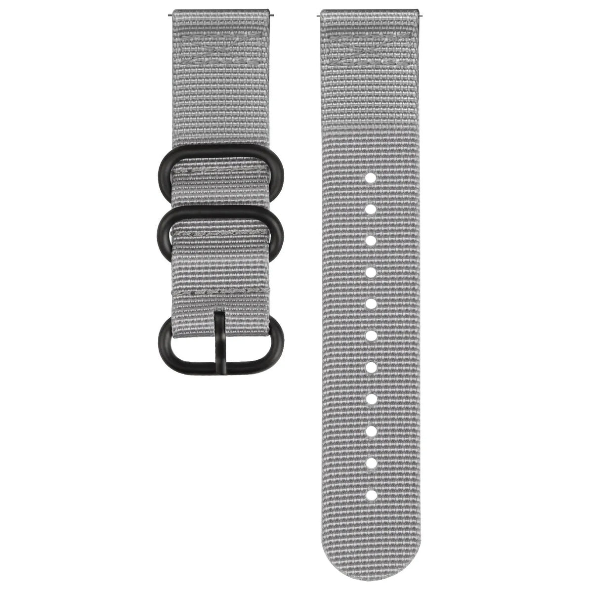 Nylon Buckle Strap, grey, laid flat, separate parts, direct top view