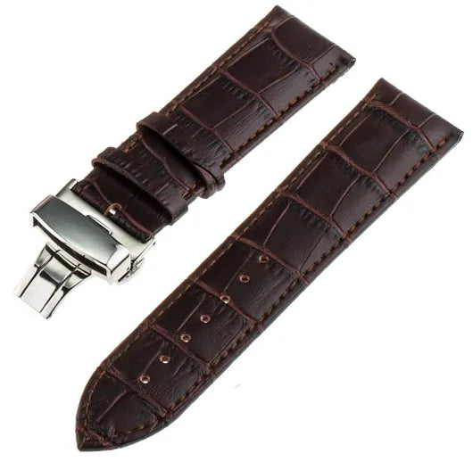 Premium Leather Strap, dark brown, laid flat, separate parts, direct top view