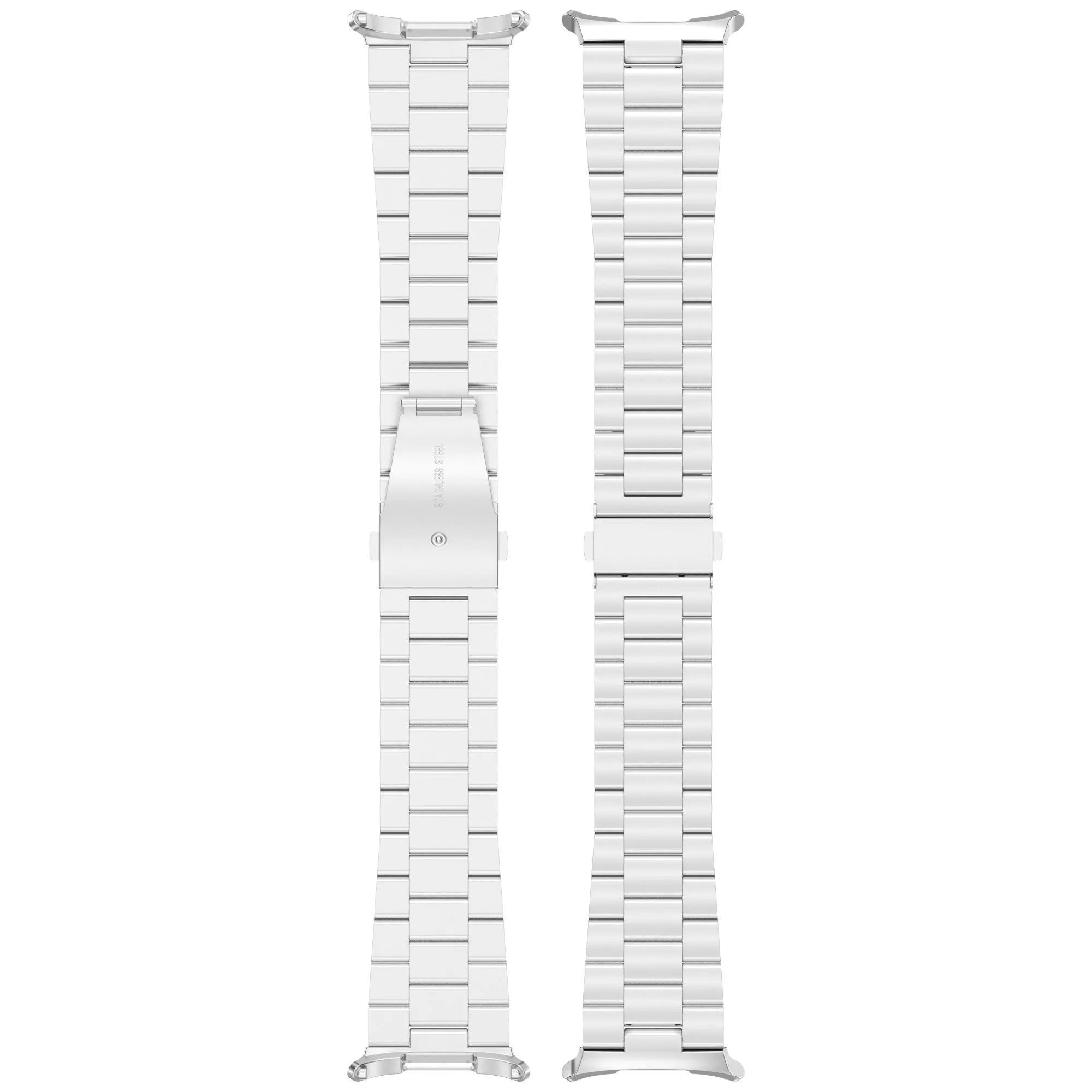 Steel Strap, silver, laid flat, separate parts, direct top view