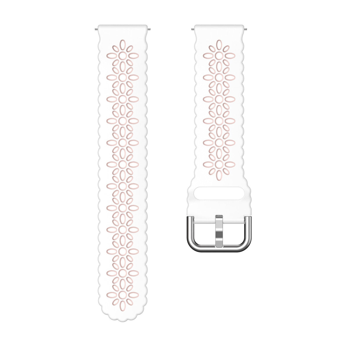 Patterned Silicone Strap, white/pink, laid flat, separate parts, direct top view
