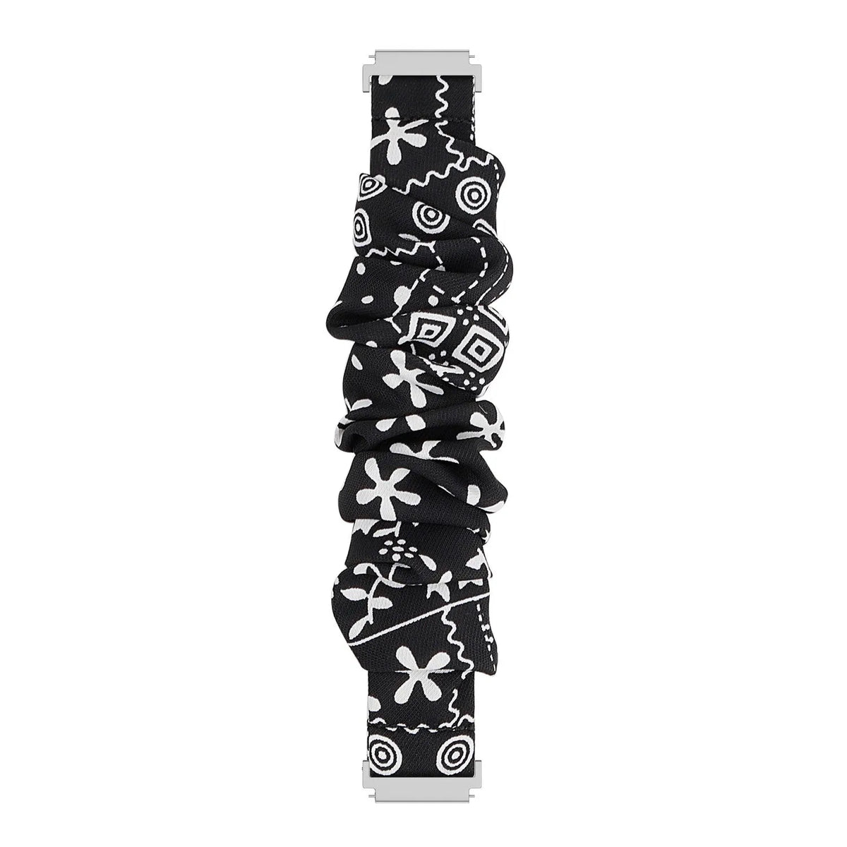 Nylon Scrunchie Strap, black mix, laid flat, separate parts, direct top view