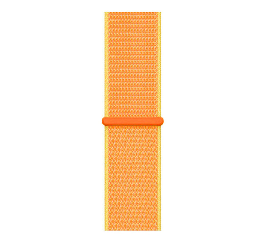 Nylon Strap, orange/yellow, laid flat, joined, direct top view
