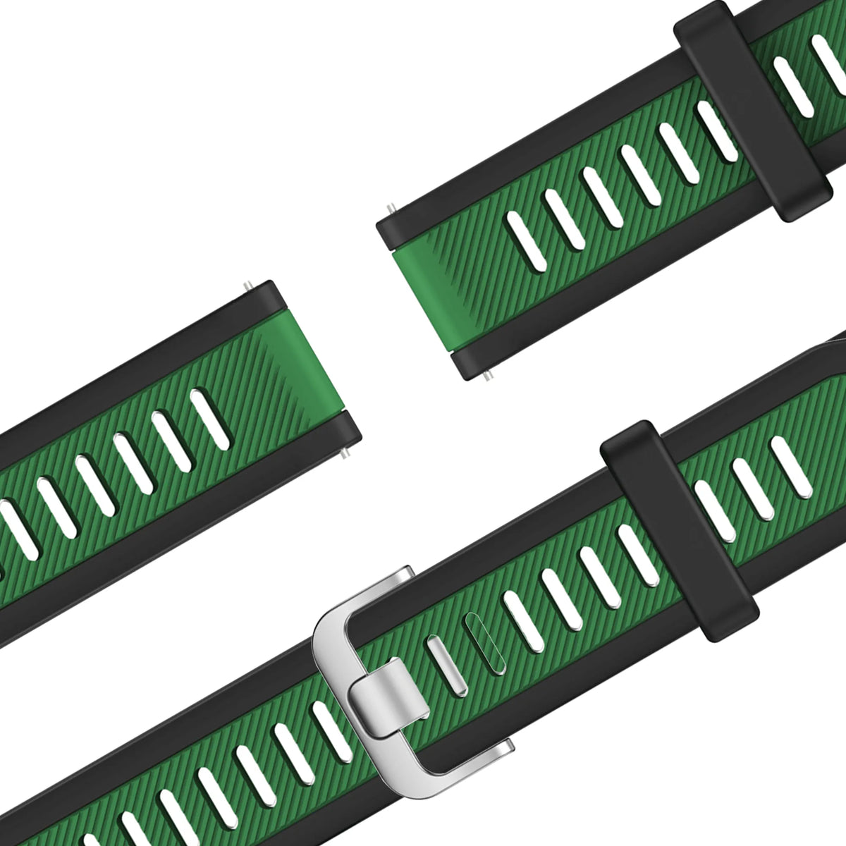 Silicone Dual Buckled Sport Strap, laid flat, separate parts, top and underside view