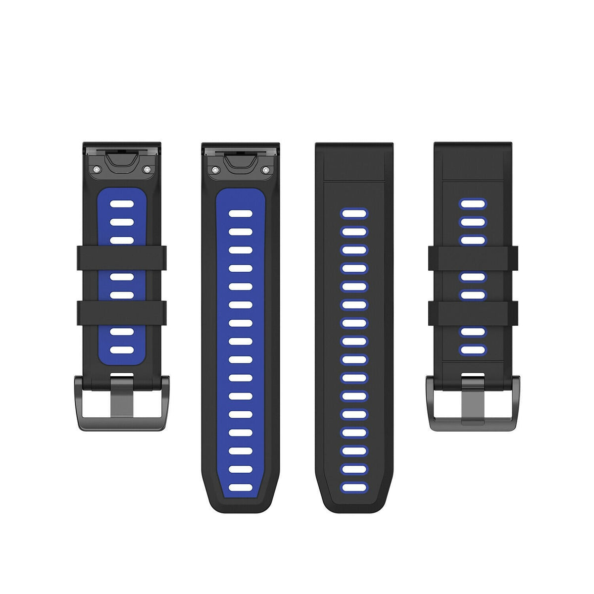 Silicone Sport Buckle Strap, laid flat, separate parts, top and underside view