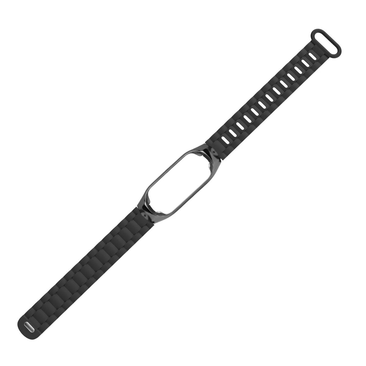 Silicone TPU Strap with Frame, black, laid flat, joined, 45° top view