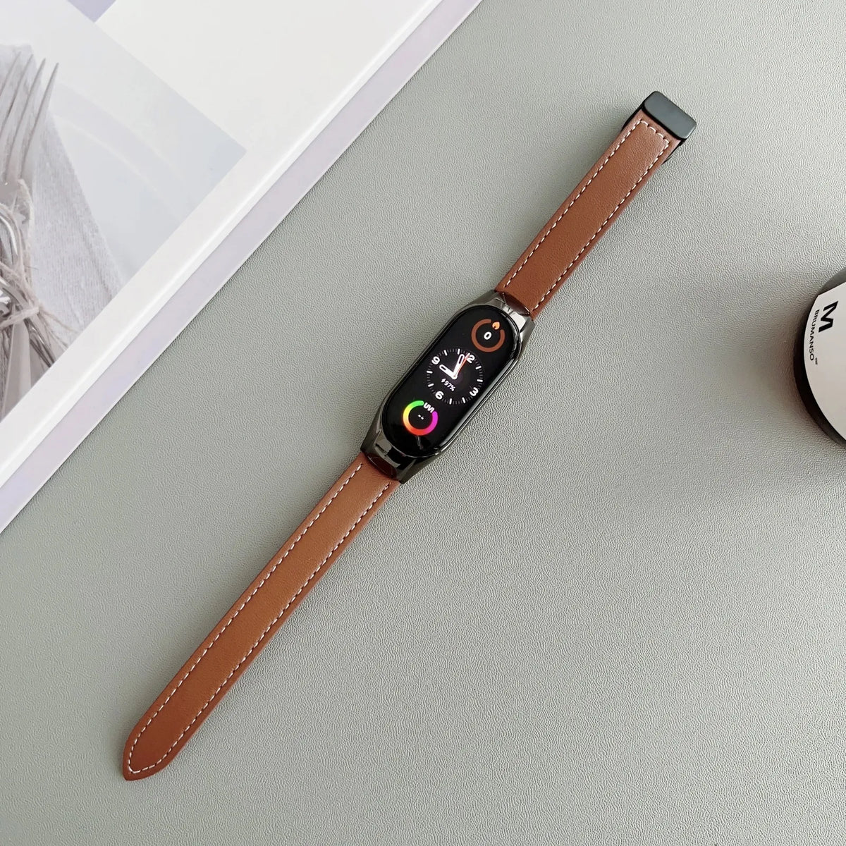 Leather D-Buckle Strap, brown, laid flat, joined, 45° top view