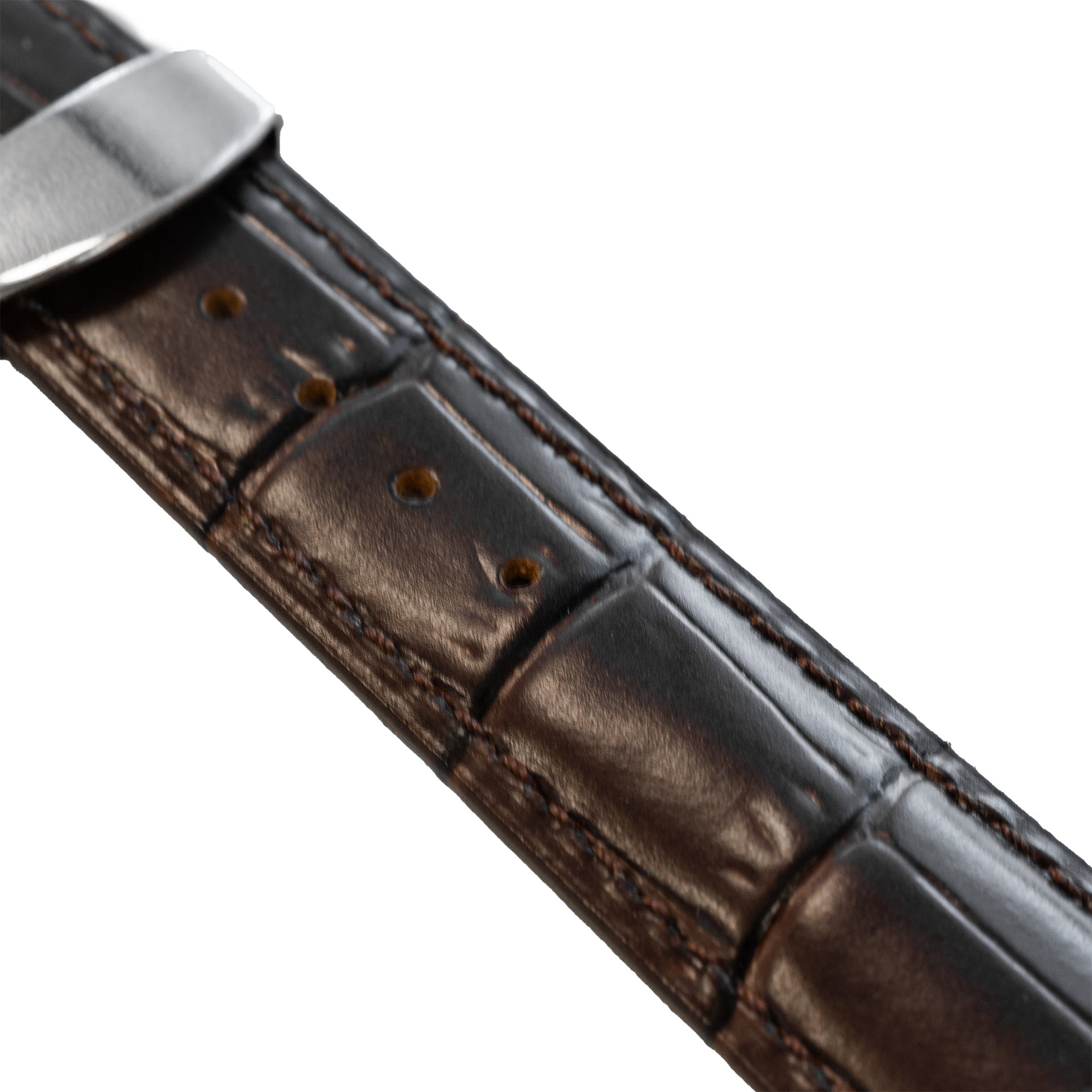 Premium Leather Strap, dark brown, laid flat, joined, 45° top view