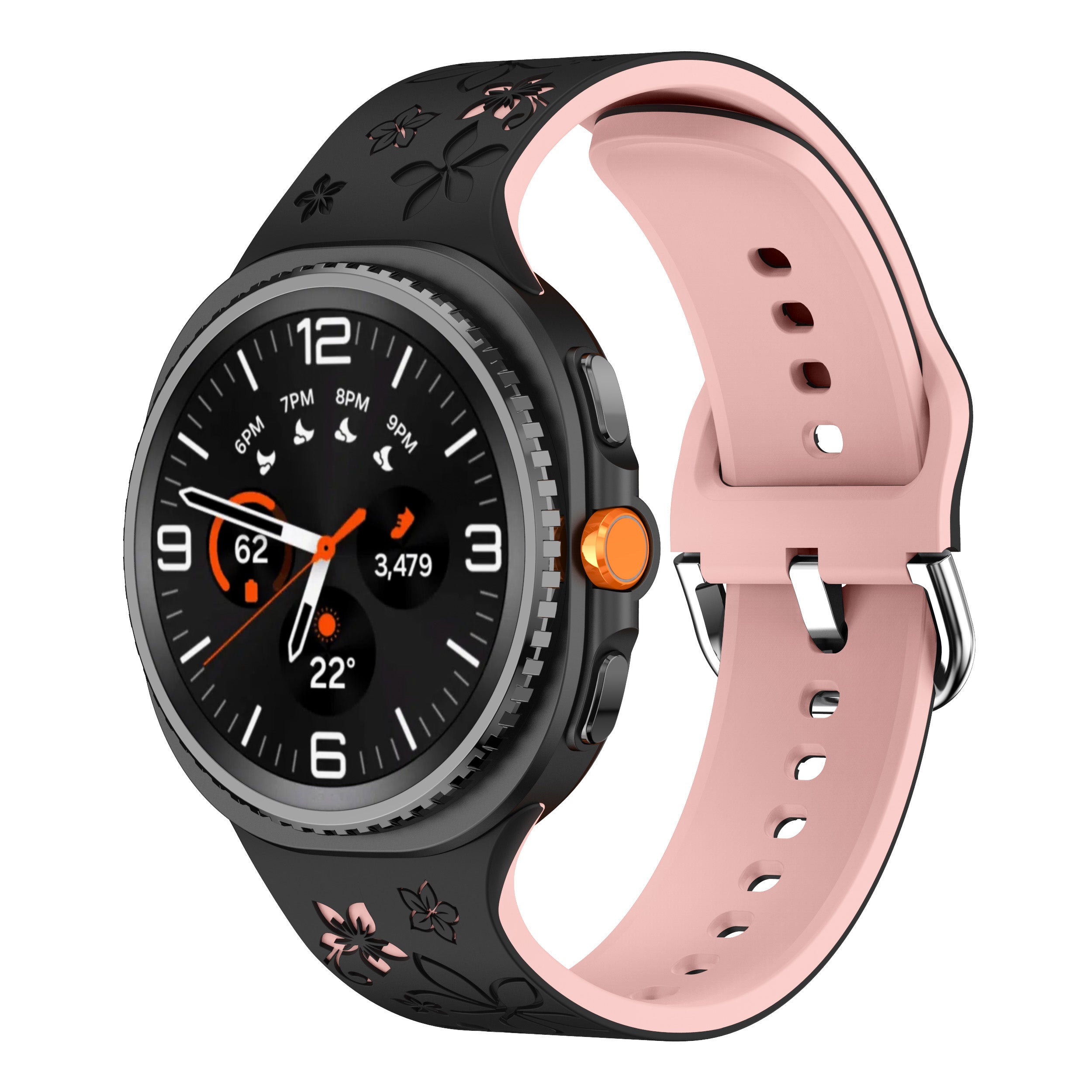 Bracelet silicone à fleurs Samsung Galaxy Watch 9 - 44mm (noir/rose)
