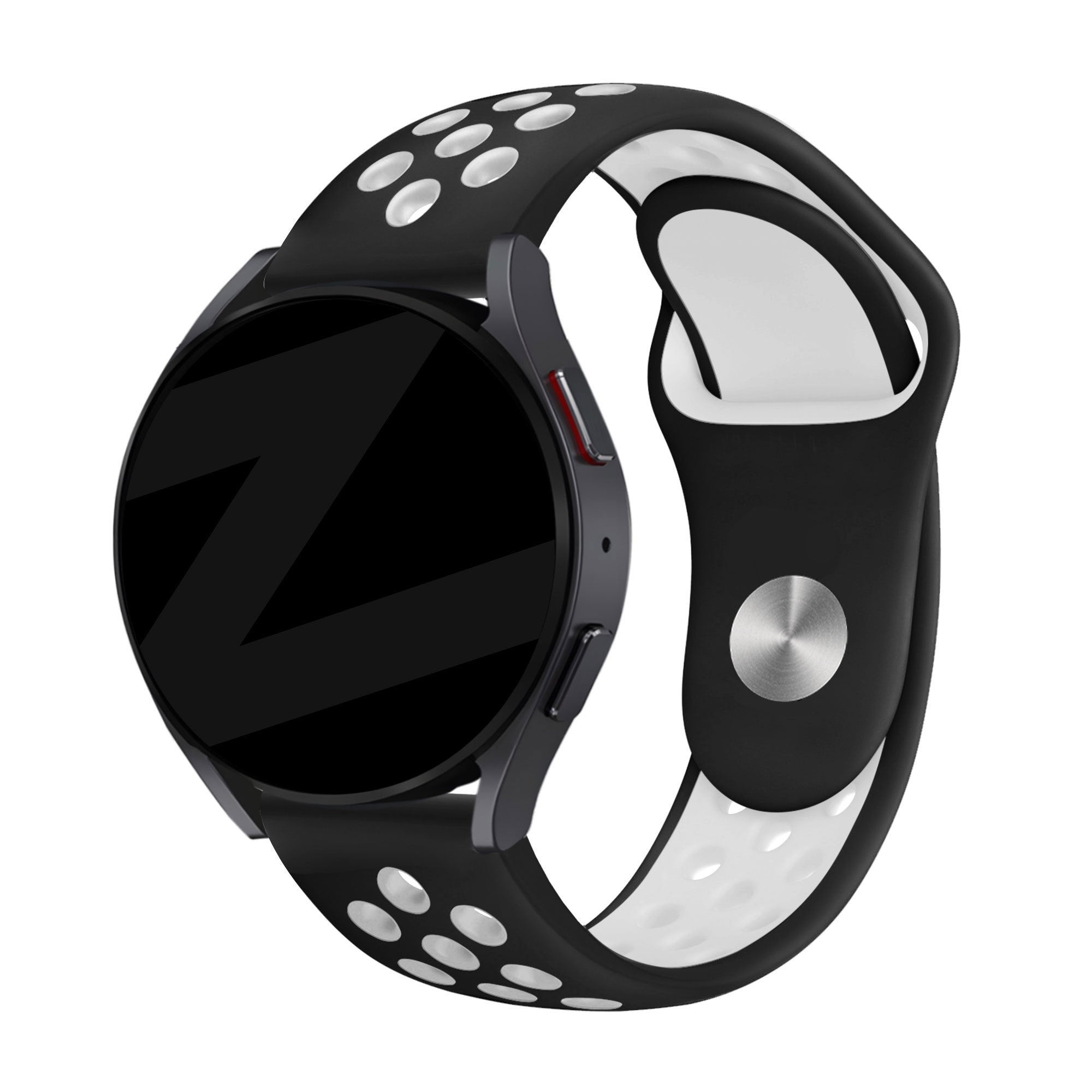 Silicone Sport Strap 'Deluxe', black/white, on a watch, 3/4 front view