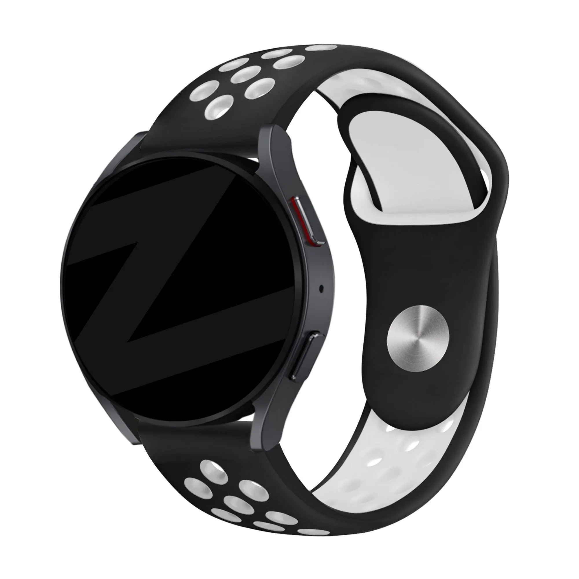 Silicone Sport Strap 'Deluxe', black/white, on a watch, 3/4 front view