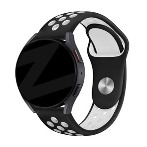 Silicone Sport Strap 'Deluxe', black/white, on a watch, 3/4 front view