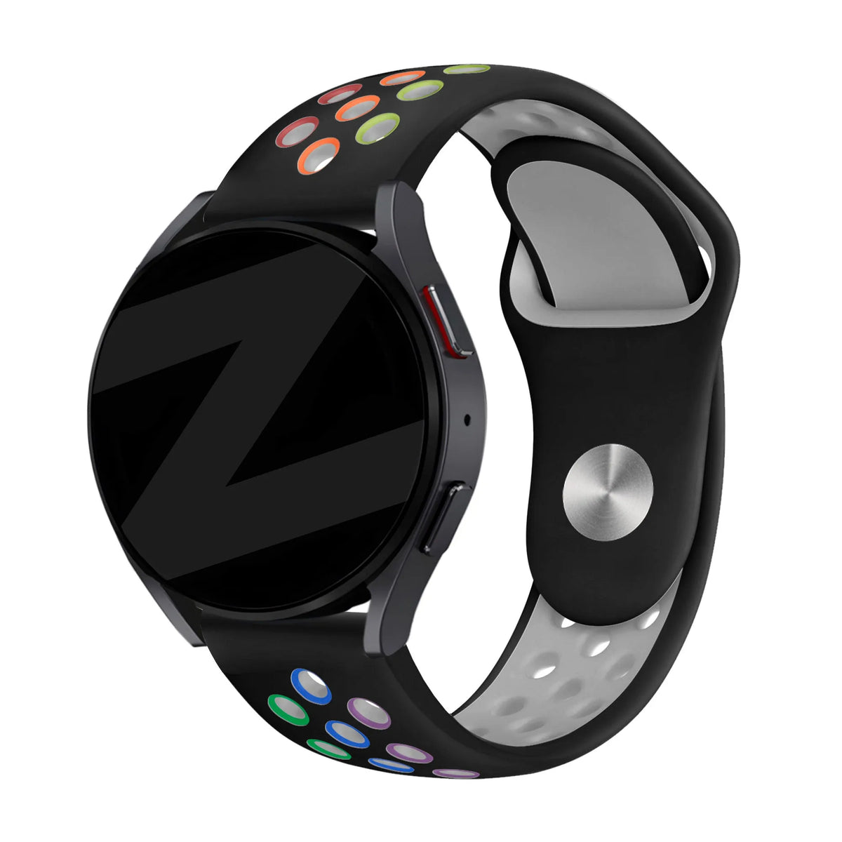 Silicone Sport Strap 'Deluxe', black/colourful, on a watch, 3/4 front view