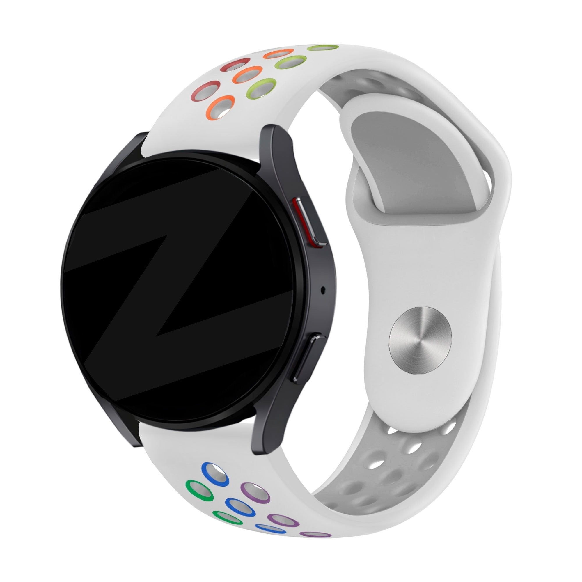 Silicone Sport Strap 'Deluxe', white/colourful, on a watch, 3/4 front view