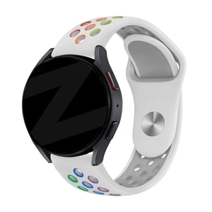 Silicone Sport Strap 'Deluxe', white/colourful, on a watch, 3/4 front view
