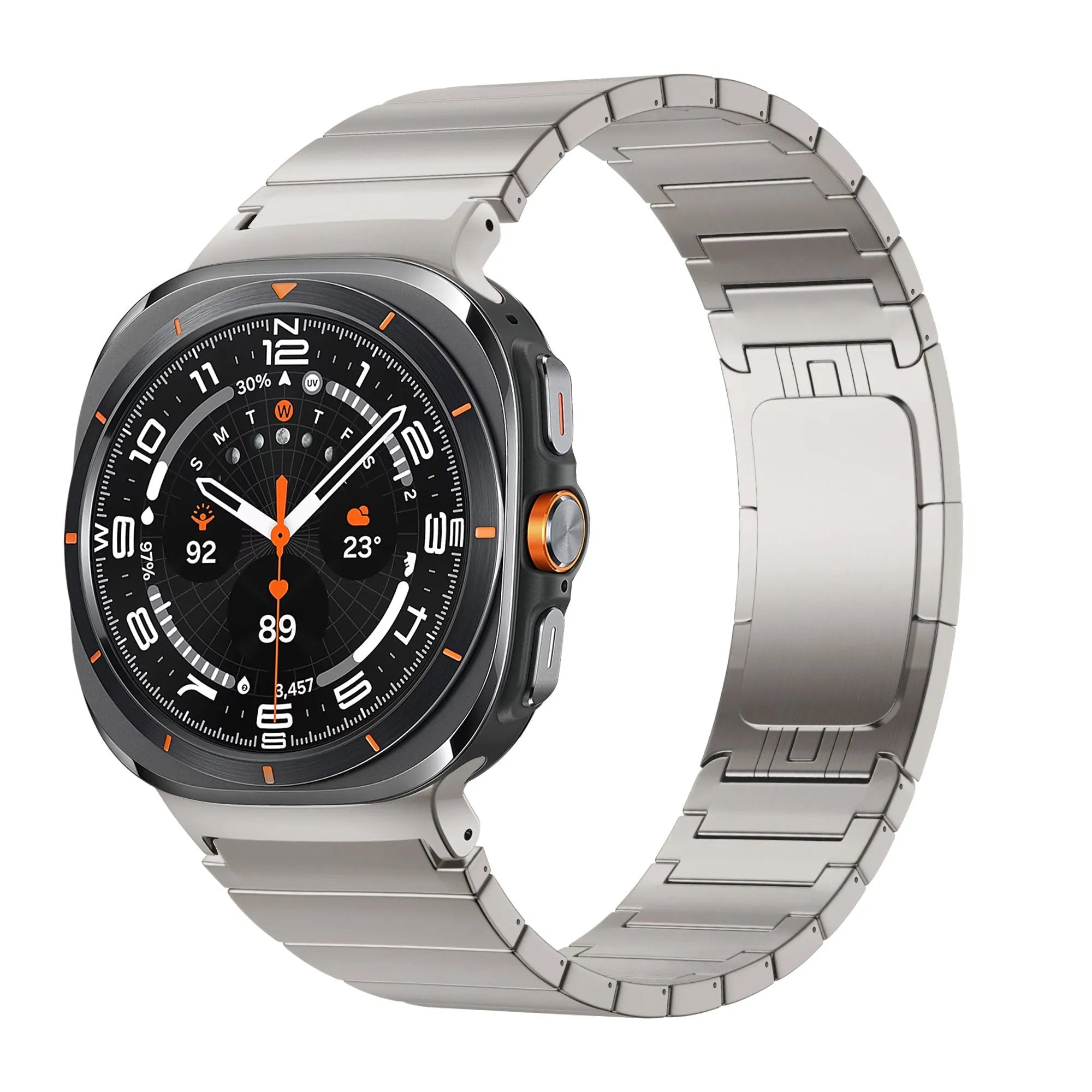 Titanium Strap 'One Bead', titanium grey, on a watch, 3/4 front view