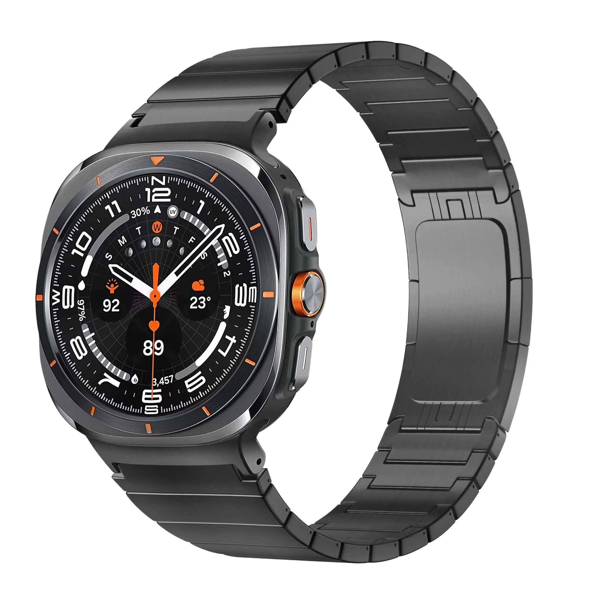 Titanium Strap 'One Bead', black, on a watch, 3/4 front view