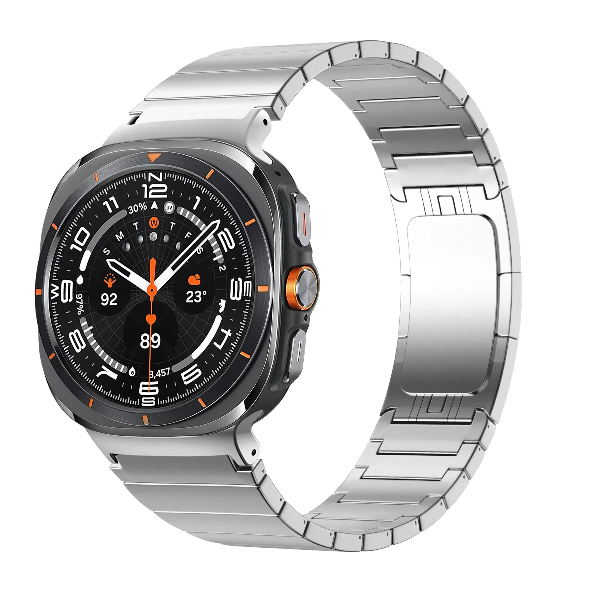 Titanium Strap 'One Bead', silver, on a watch, 3/4 front view