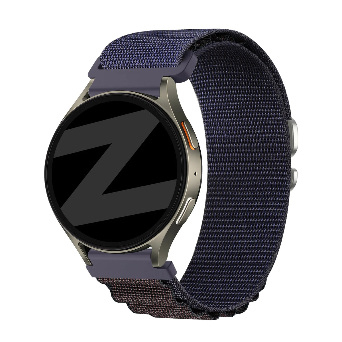 Nylon Alpine Strap, indigo, on a watch, 3/4 front view