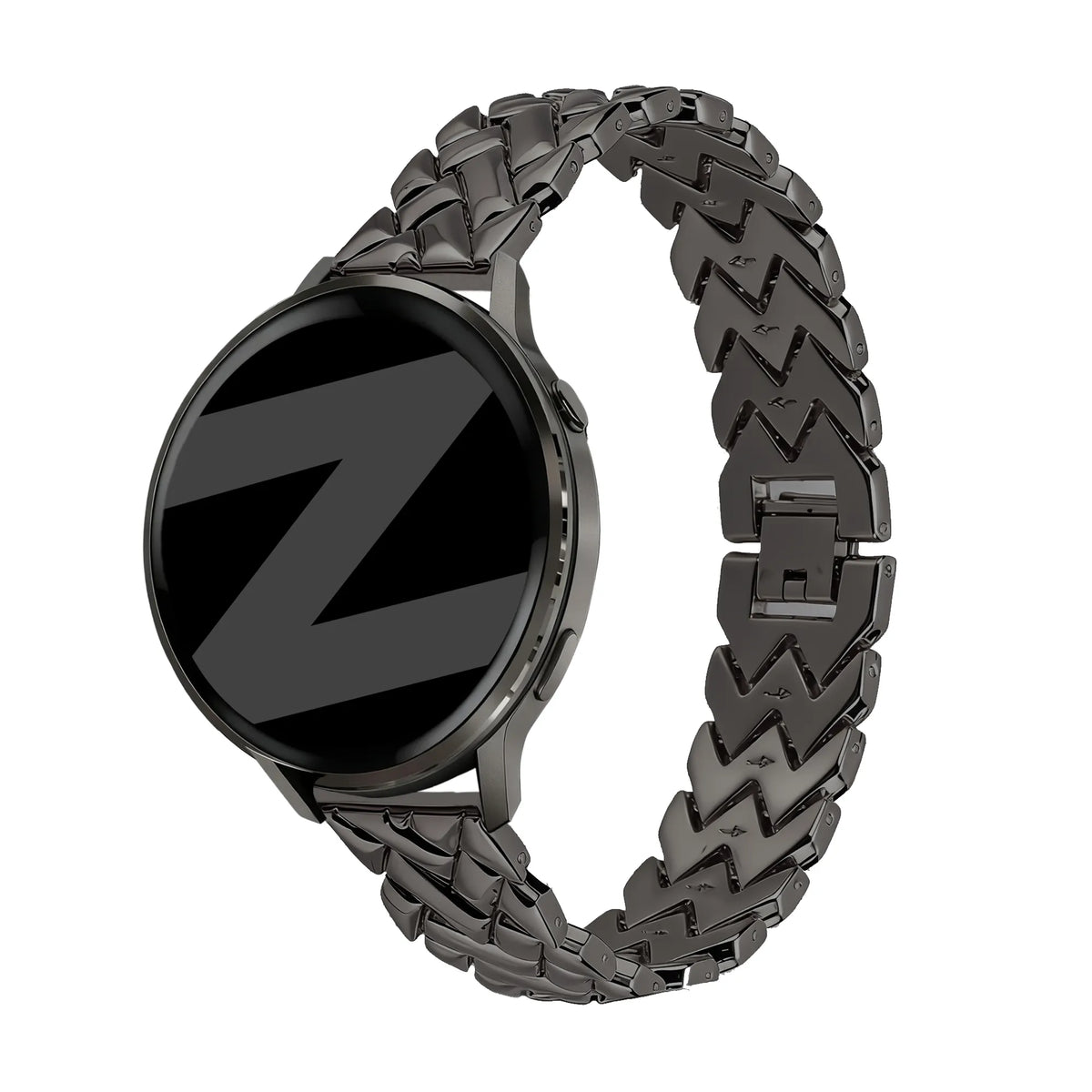 Metal Strap 'V-Type', black, on a watch, 3/4 front view