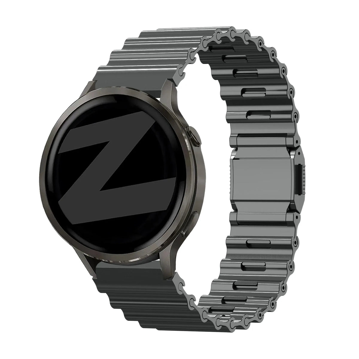 Premium Steel Strap 'Ocean', titanium grey, on a watch, 3/4 front view