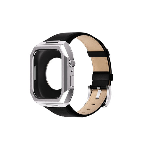 Reqior Boîtier en metal avec bracelet en cuir Apple Watch 45mm (argent/noir)
