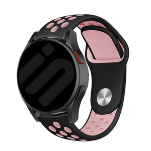 Silicone Sport Strap, black/pink, on a watch, 3/4 front view