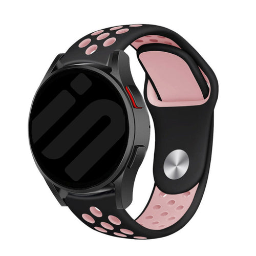 Silicone Sport Strap, black/pink, on a watch, 3/4 front view