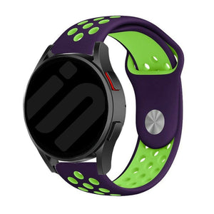 Silicone Sport Strap, purple/green, on a watch, 3/4 front view