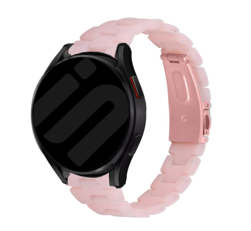 Metal Resin Strap, pink, on a watch, 3/4 front view