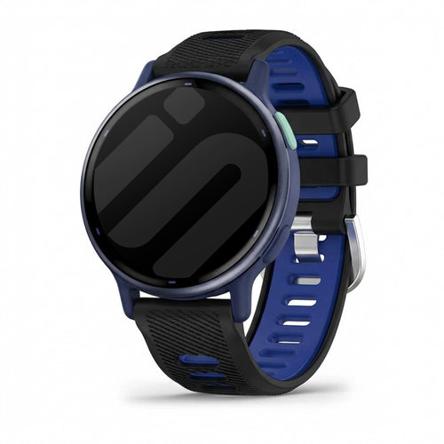 Silicone Buckled Sport Strap, black/blue, on a watch, 3/4 front view
