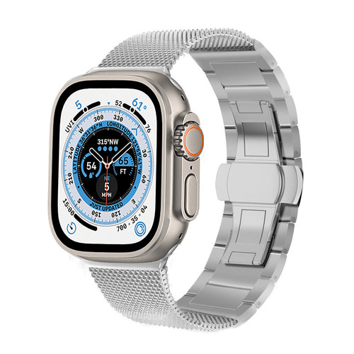 Milanese Steel Strap, silver, on a watch, 3/4 front view