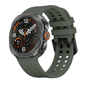 Silicone Strap, dark green, on a watch, 3/4 front view