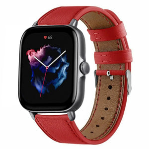 Modern Leather Strap, red, on a watch, 3/4 front view