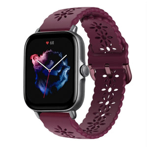 Patterned Silicone Strap, burgundy, on a watch, 3/4 front view